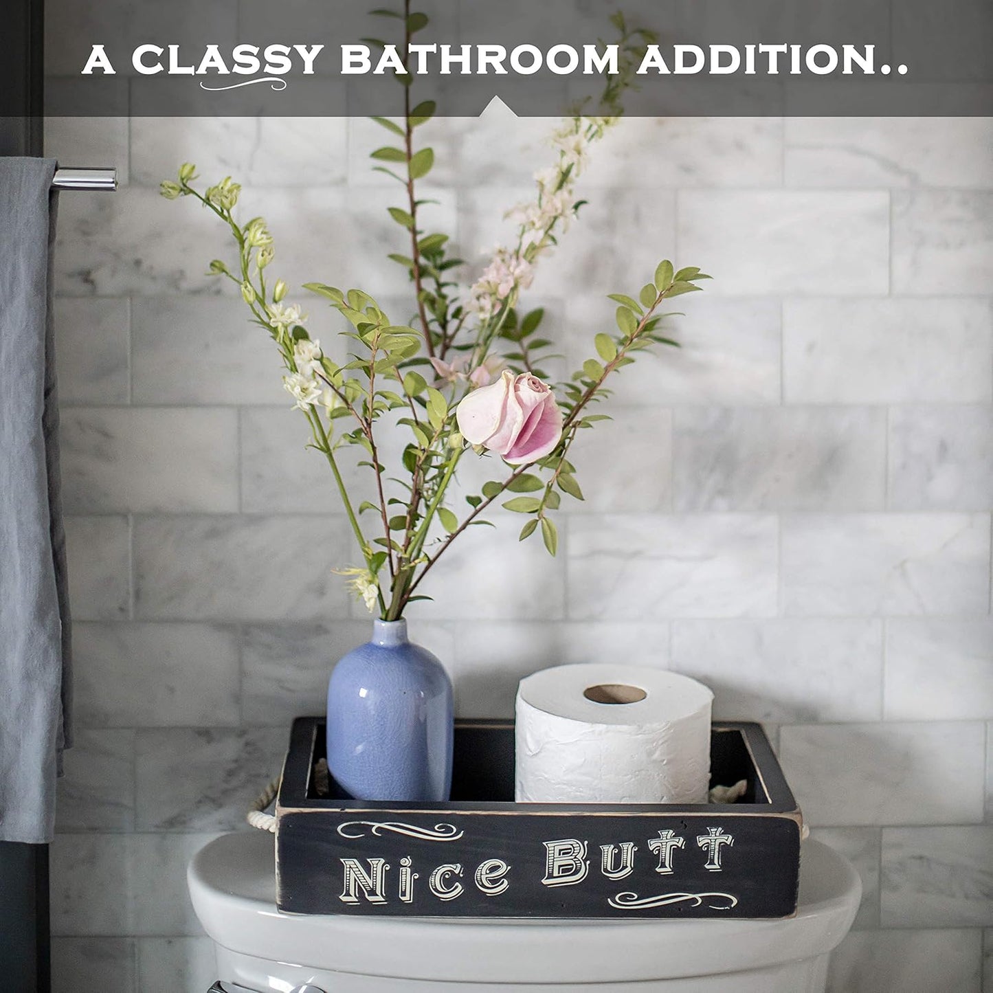 Nice Butt Bathroom Decor Box, One Box with Print on 2 Sides Farmhouse Nice Butt Toilet Paper Holder, Back of Toilet Decor Funny Cute Rustic Décor