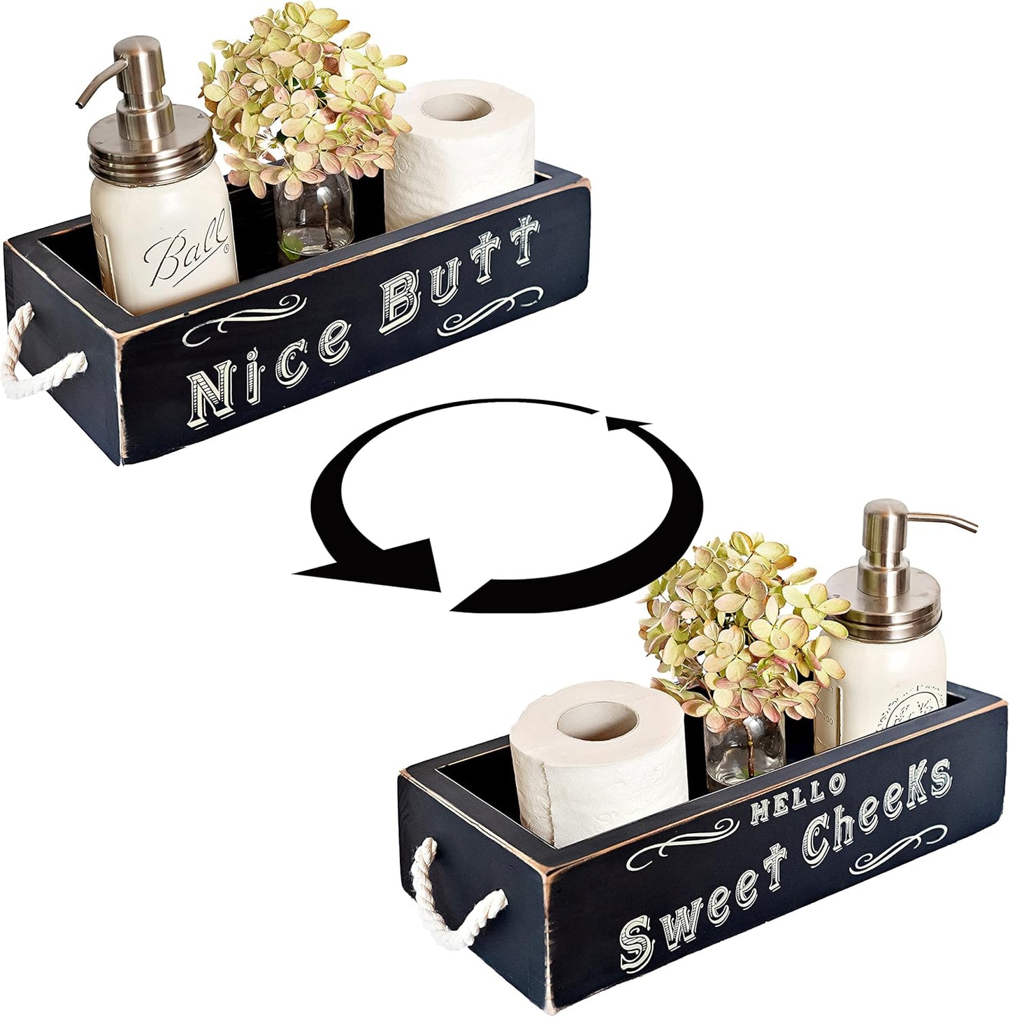 Nice Butt Bathroom Decor Box, One Box with Print on 2 Sides Farmhouse Nice Butt Toilet Paper Holder, Back of Toilet Decor Funny Cute Rustic Décor