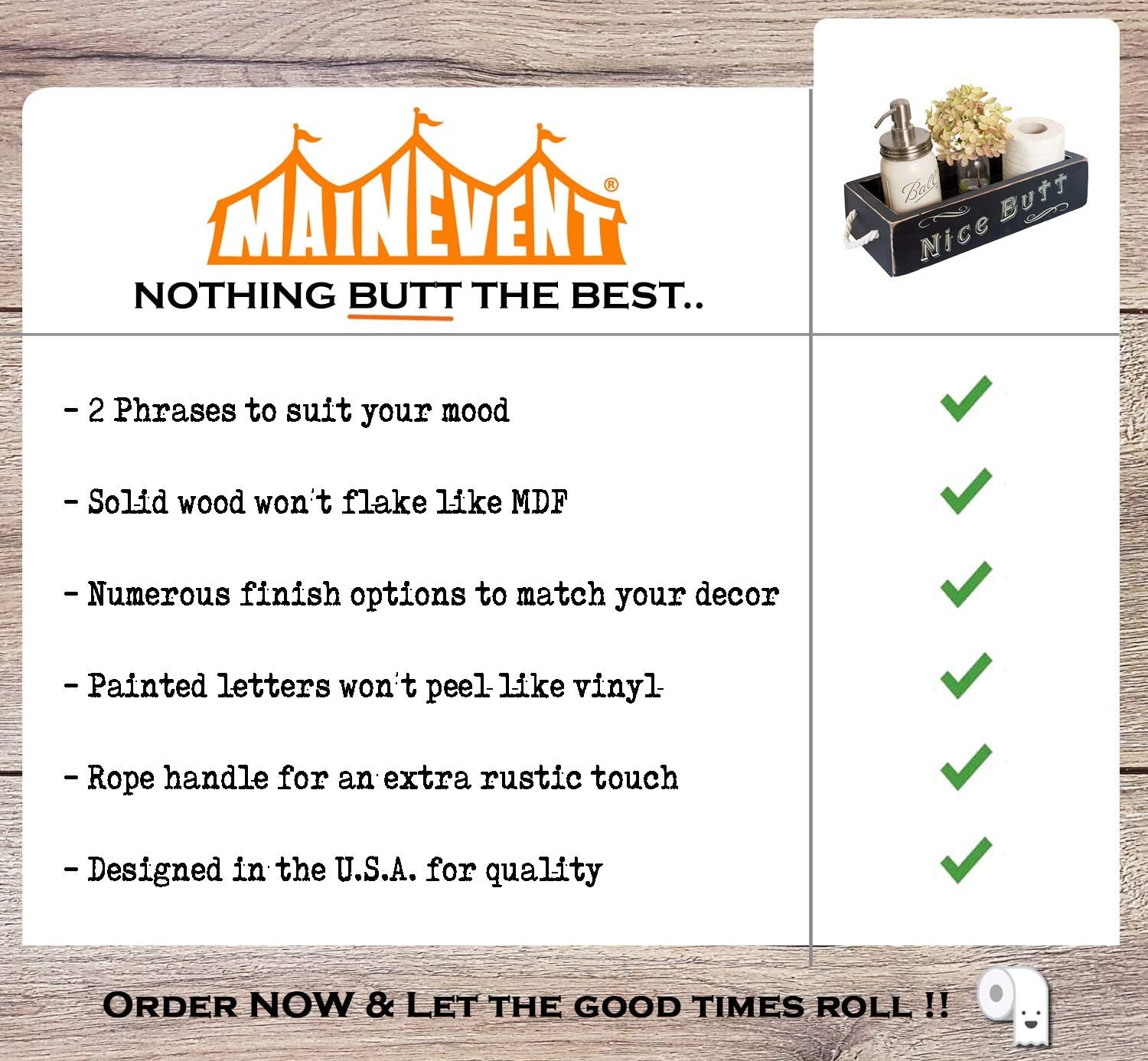 Nice Butt Bathroom Decor Box, One Box with Print on 2 Sides Farmhouse Nice Butt Toilet Paper Holder, Back of Toilet Decor Funny Cute Rustic Décor